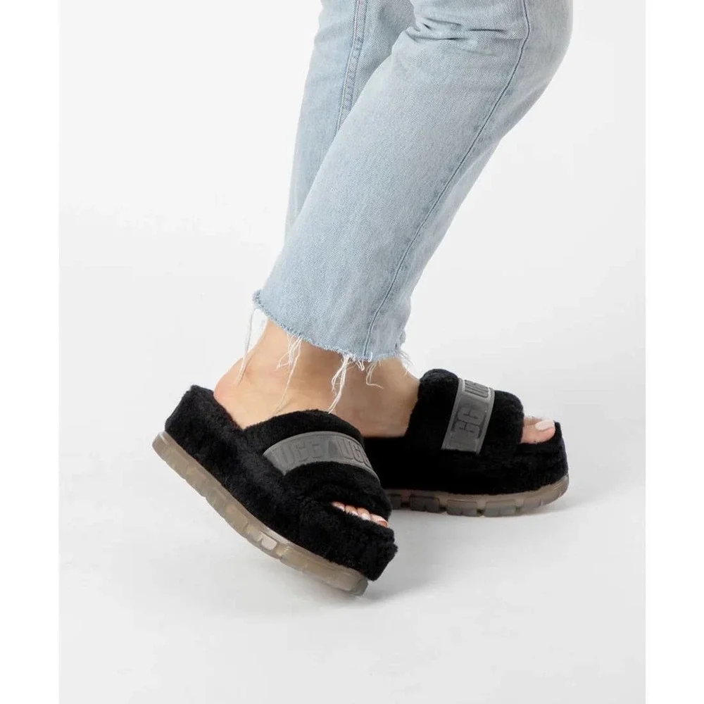 NIB UGG Australia Fluffita 9 40 Black Clear Platform Slide Slipper Sandals - Picture 10 of 12